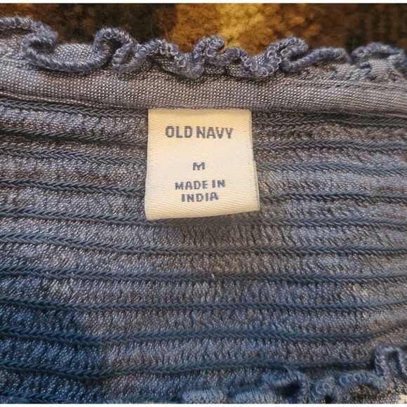 Old Navy Dress Women's Medium Blue Puff Sleeve Smocked Midi Chambray Block Print - Picture 5 of 6